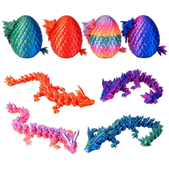 4Pcs 3D Printed Surprise Animal Set with Articulated Glass Mystery Eggs and Flexible Crystal Dragons for Desktop Display and Easter Egg Hunt Fillers