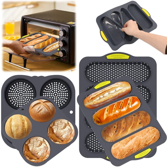 4Pcs 4 Cavity Silicone Hamburger Bun Pan, Nonstick Heat Resistant Bread Loaf Mold, French Bread Baking Tray for Burger, Easy Release Reusable Oven Safe
