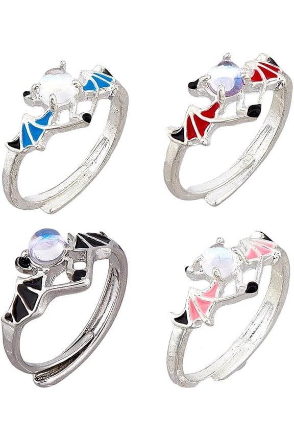 4Pcs 4 Color Bat Rings Unique Devil Promise Rings Adjustable Classic Demon Couple Rings Beautiful Friendship Rings Valentine's Day s for Women Men Black