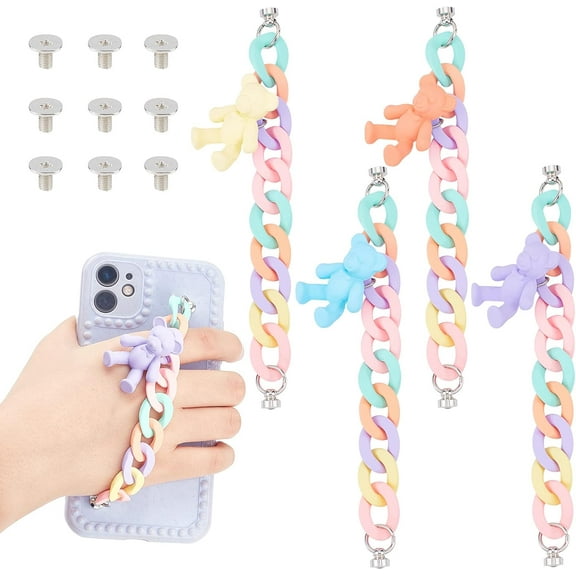 4Pcs 4 Colors Acrylic Bear Phone Chain Colorful Acrylic Phone Case Chain Bear Finger Strap Chain Drop Prevent Phone Grip Holder with Clasp Screws for DIY Phone Case Accessory diy