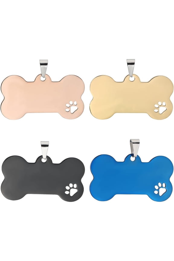 4Pcs 4 Colors Blank Dog Tags Stainless Steel Dog Number Name Tag with Paw Hollow Design Bone Shape Cat Pet Number ID Tags Charm Collar Pendant for Engraving All Pets DIY Crafts