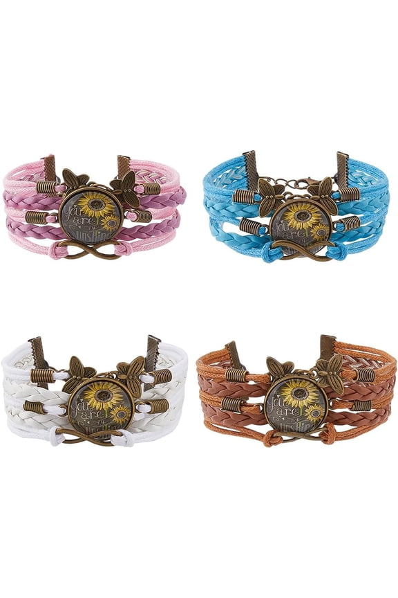 4Pcs 4 Colors Bohemian Sunflower Bracelets Pu Leather Wrap Bracelets Vintage Infinity Symbol Butterfly Bracelet Rope Charms Turnsole Bracelet Handmade Multi Strand Bracelet