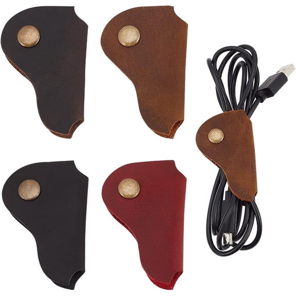 4Pcs 4 Colors Cowhide Leather Cord Organizers Cable Wire Management Wrap with Snap Button Mixed Color 5.9x3.8x0.65cm 1pc/color