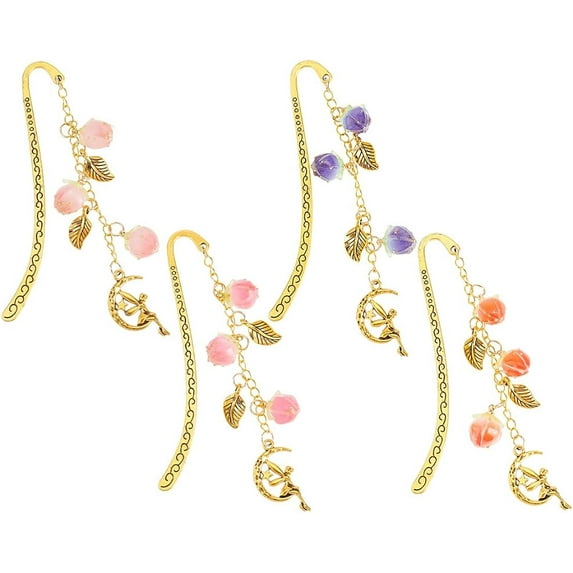 4Pcs 4 Colors Hook Bookmark Acrylic Strawberry Bookmark Brass Long Chain with Fairy Charm Fairy Pendant Bookmark