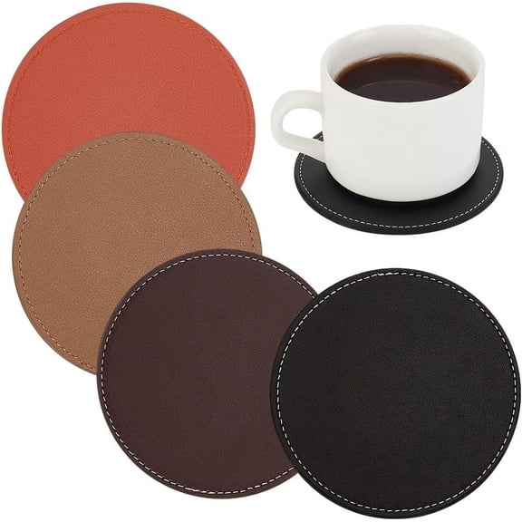 4Pcs 4 Colors Imitation Leather Coasters Cup Mats with Cork Bottom Flat Round Mixed Color 100mm 1pc/color