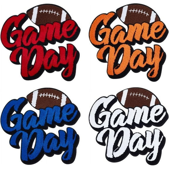 4Pcs 4 Colors Polyester Iron on/Sew On Patches Hot Melt Adhesive Cloth Appliques Word Game Day Rugby Mixed Color 260x250x2mm 1pc/color