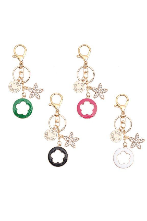 4Pcs 4 Colors Rhinestone Enamel Flower Pendant Keychain with AlloyCharm for Keychain Purse Backpack Ornament Mixed Color 12.7cm 1pc/color DIY