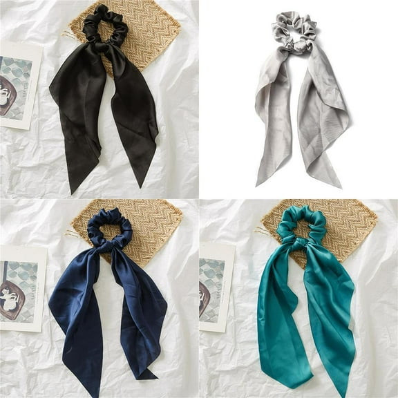 4Pcs 4 Colors Satin Face Cloth Elastic Hair Accessories for Girls or Women Scrunchie/Scrunchy Hair Ties with Long Tail Knotted Bow Hair Scarf Ponytail Holder Mixed Color 280mm 1pc/color