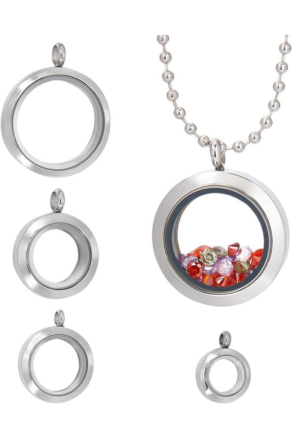 4Pcs 4 Sizes Living Memory Stainless Steel Photo Frame Locket Pendants Flat Round Floating Charm with Glass DIY Accessories for Jewelry Necklace Making Metal Stainless Steel Color
