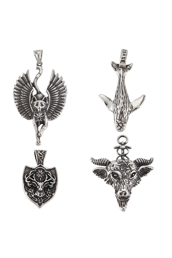 4Pcs 4 Style 304 Stainless Steel Big Pendants Shield Baphomet Bastet Whale Shape Silver 57x30x12~13mm Hole: 10mm 1pc/style for DIY