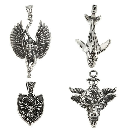 4Pcs 4 Style 304 Stainless Steel Big Pendants Shield Baphomet Bastet Whale Shape Silver 57x30x12~13mm Hole: 10mm 1pc/style