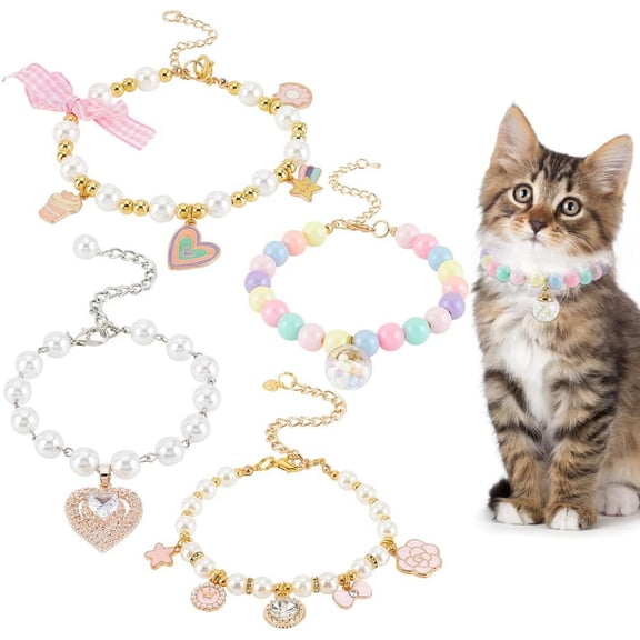 4Pcs 4 Style Alloy Dog Collar Pendant Choker Resin Beaded Pet's Necklace with Chain Extender Lobster Claw Clasp Mixed Color 220~265mm 1pcs/style