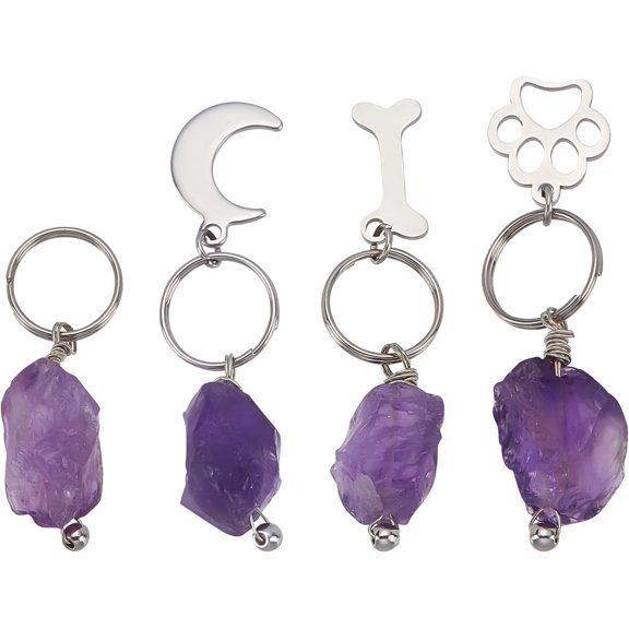 4Pcs 4 Style Amethyst Pet Charm Natural Amethyst Keychain with Stainless Steel Charms for Purse Backpack Handbag Jewelry Accessory for DIY