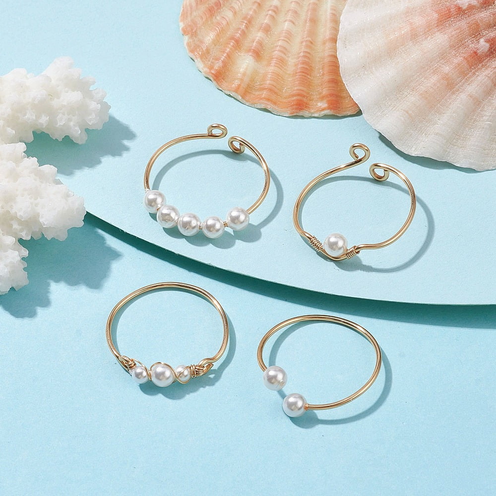 4Pcs 4 Style Brass Wire Wrap Open Cuff Rings Set Glass Pearl & Small ...