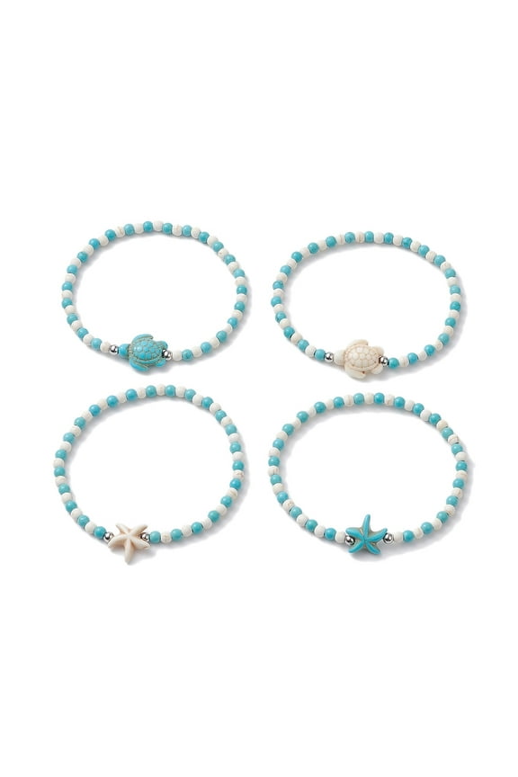 4Pcs 4 Style Dyed Turquoise Starfish Turtle Beaded Stretch Bracelets Set for Women Mixed Color Inner Diameter: 2-1/4 inch(5.7cm) 1Pc/style