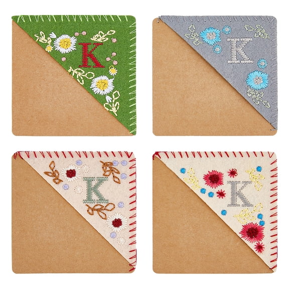4Pcs 4 Style Felt Embroidery Bookmarks Corner Page Marker with Kraft Paper Season Theme Square Letter K 96x96x3mm 1pc/style