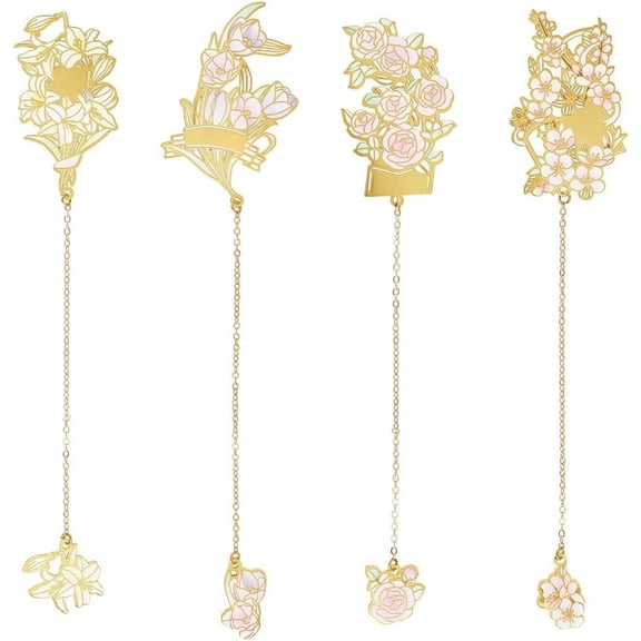 4Pcs 4 Style Flower Chain Bookmark Gold Flower Book Marks Bulk Brass Spring Butterflies Daisy Flowers Golden Book Marker with Chain