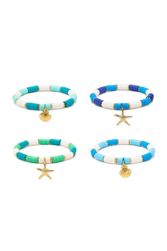 4Pcs 4 Style Handmade Polymer Clay Heishi Surfer Stretch Bracelets Set Shell Bracelets for WomenInner Diameter: 2-1/4 inch(5.8cm) 1Pc/style