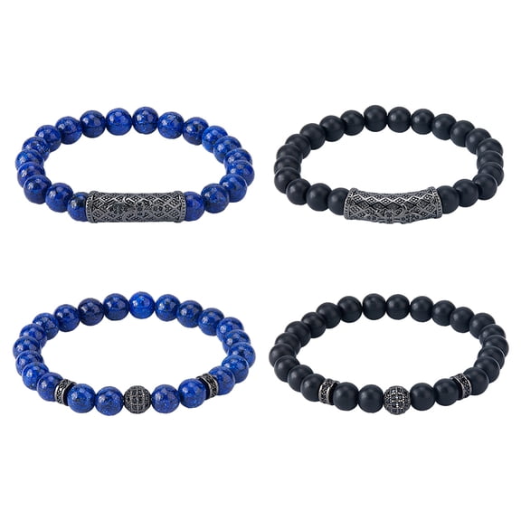 4Pcs 4 Style Lazuli Glass Beaded Stretch Bracelets Set Column Round Brass Micro Pave Cubic Zirconia Stackable Bracelets