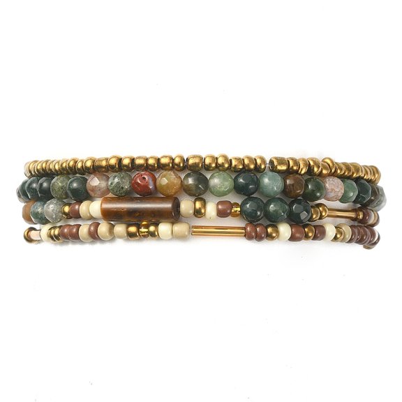 4Pcs 4 Style Natural Indian Agate & Tiger Eye & Seed Beaded Stretch Bracelets Set Stackable Bracelets Inner Diameter: 2-1/8 inch(5.4cm) 1Pc/style