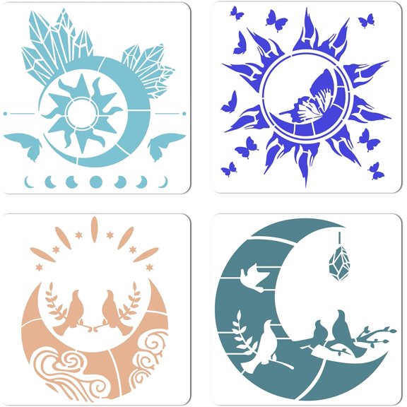 4Pcs 4 Style Plastic Drawing Painting Stencils Templates Square Sun Pattern 30x30cm 1pc/style Craft Supplies