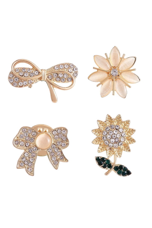 4Pcs 4 Style Rhinestone Bowknot Sunflower Brooches Gold Plated Alloy Badges for Backpack Clothes Golden 20~26x15~21mm