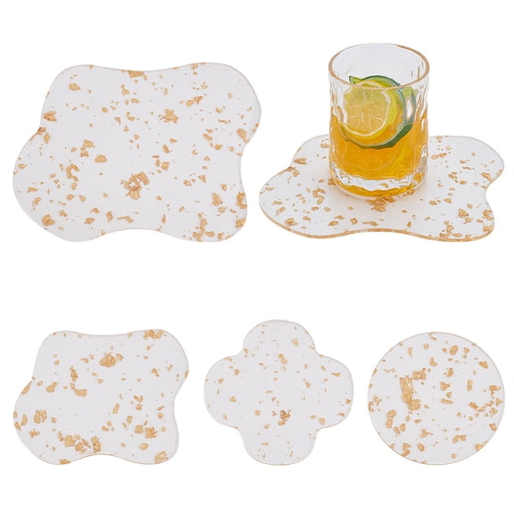 4Pcs 4 Style Transparent Acrylic Cup Mats Gold Foil Coasters Clear 95~142x95~176x3mm 1pc/style for DIY