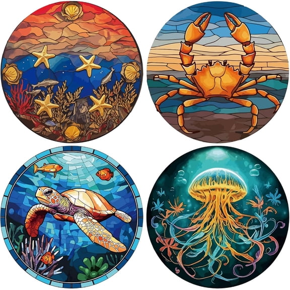 4Pcs 4 Styles 6.3" Sea Animal Window Clings Plastic PVC Reusable Static Summer Ocean Turtles Sticker Fish Crab Jellyfish Decal