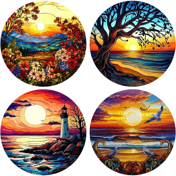 4Pcs 4 Styles 6.3" Sunset Window Decal Plastic PVC Reusable Static Setting Sun Flowers Dead Tree Tower Bird StickerDIY