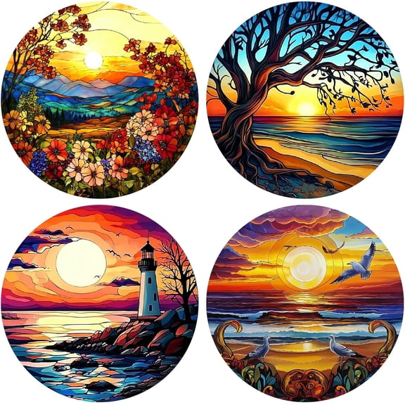 4Pcs 4 Styles 6.3" Sunset Window Decal Plastic PVC Reusable Static Setting Sun Flowers Dead Tree Tower Bird Sticker