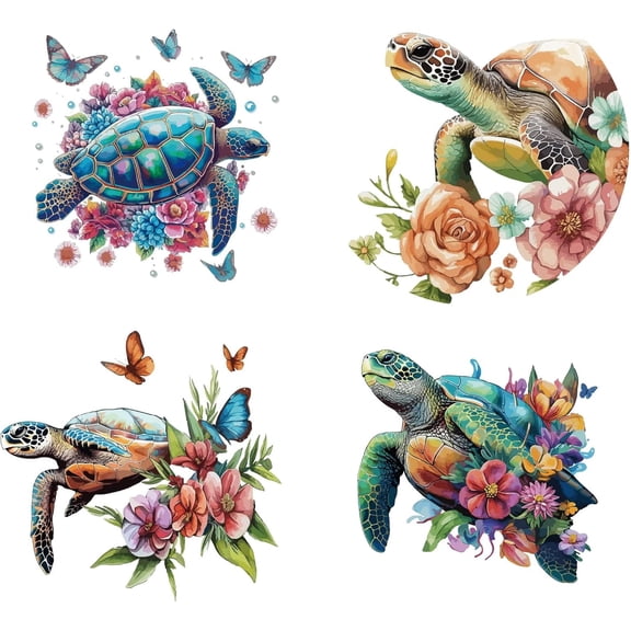 4Pcs 4 Styles 6.3" Turtle Window Cling Static Sea Ocean Animals Turtles Flowers Stickers Plastic PVC Reusable Decal