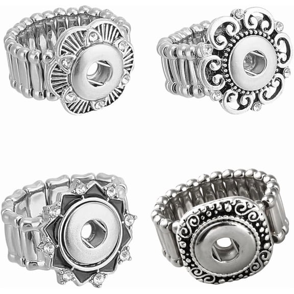 4Pcs 4 Styles Adjustable Alloy Enamel Snap Ring Components with Snaps Jewelry for Women Flower Silver Inner Diameter: 18~20mm 1pc/style