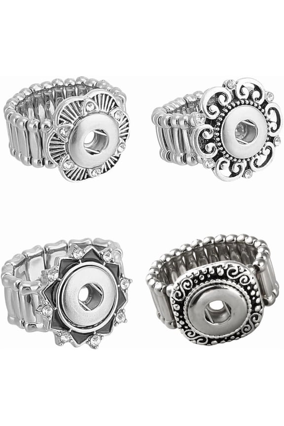 4Pcs 4 Styles Adjustable Alloy Enamel Snap Ring Components with Snaps Jewelry for Women Flower Silver Inner Diameter: 18~20mm