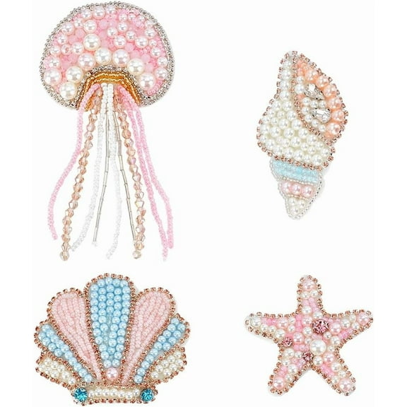 4Pcs 4 Styles Beaded Patch Pink Jellyfish Conch Shells Starfish Sew on Patches Appliques Decorative Patch for Clothes Bag Pants Shoes Hats Christmas DIY Gift