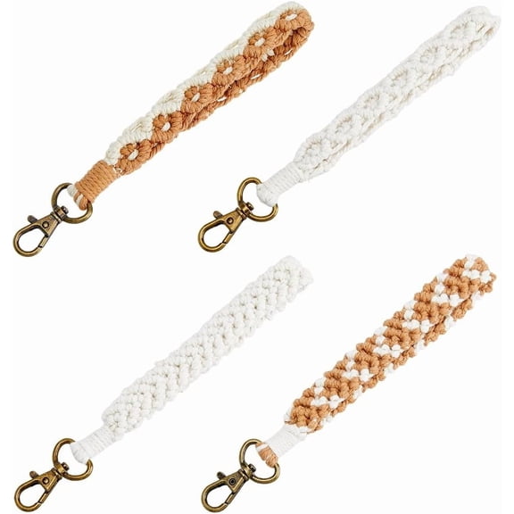 4Pcs 4 Styles Boho Macrame Keychain Bracelet Cotton Handmade Wristlet Keychain lovely Wrist Lanyard with Zinc Alloy Swivel Clasps for Keychain Making 18.4cm-19.2cm
