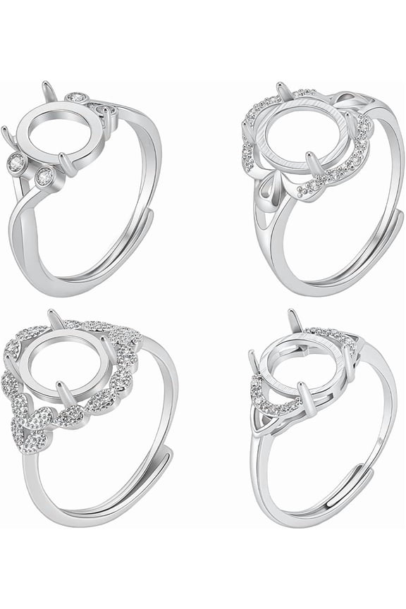 4Pcs 4 Styles Brass Micro Pave Cubic Zirconia Adjustable Rings Settings Prong Ring Settings Oval Platinum Tray: 10x8mm 10~15.5mm for DIY