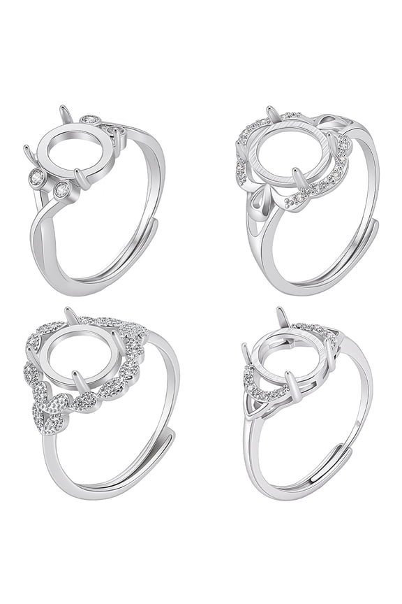 4Pcs 4 Styles Brass Micro Pave Cubic Zirconia Adjustable Rings Settings Prong Ring Settings Oval Platinum Tray: 10x8mm 10~15.5mm