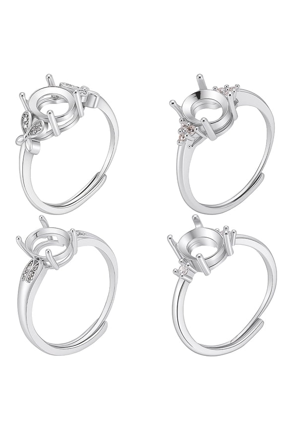 4Pcs 4 Styles Brass Micro Pave Cubic Zirconia Adjustable Rings Settings Prong Ring Settings Oval Platinum Tray: 9x7mm 9mm Inner Diameter: 17.5~18mm