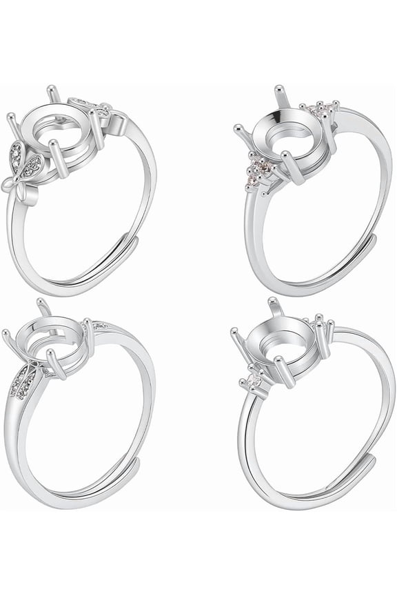 4Pcs 4 Styles Brass Micro Pave Cubic Zirconia Adjustable Rings Settings Prong Ring Settings Oval Platinum Tray: 9x7mm 9mm