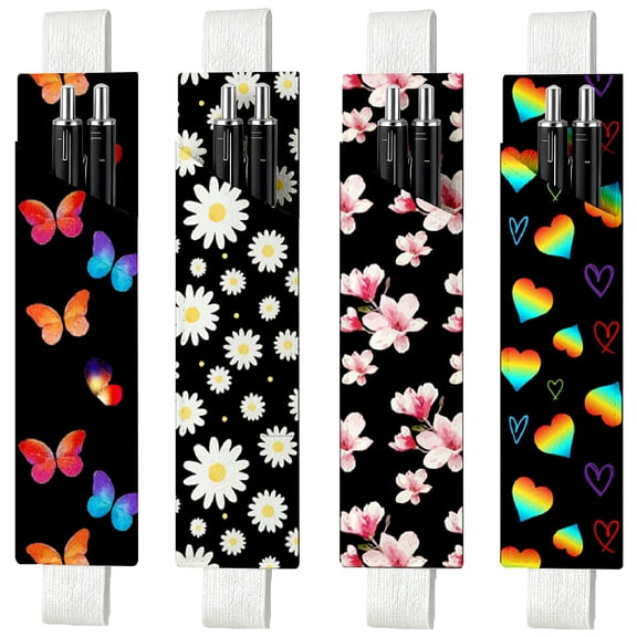 4Pcs 4 Styles Butterfly Elastic Pen Holder Leather Pencil Pouch for Notebook Daisy Heart Butterfly Floral Print Adjustable Band Leather