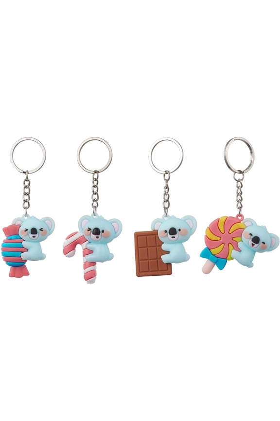 4Pcs 4 Styles Cartoon Candy Koala PVC Plastic Keychain with Iron Split Key Rings Pale Turquoise 10.3~10.9cm 1pc/style