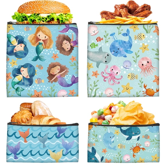 4Pcs 4 Styles Cloth Snack and Sandwich Bags Reusable Snack Bags Under The Sea Animal Food Safety Washable Fabric Zipper Pouches DIY