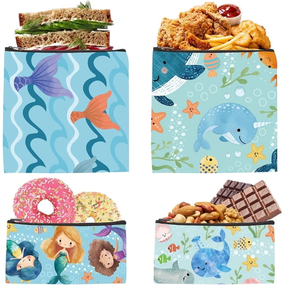 4Pcs 4 Styles Cloth Snack and Sandwich Bags Reusable Snack Bags Under The Sea Animal Food Safety Washable Fabric Zipper Pouches