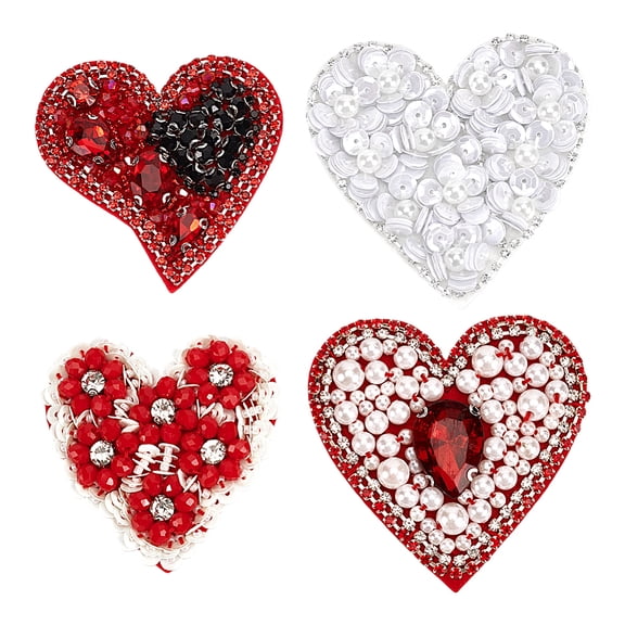 4Pcs 4 Styles Computerized Embroidery Cloth Iron on/Sew on Patches with Resin Rhinestone Costume Accessories Appliques Heart Mixed Color