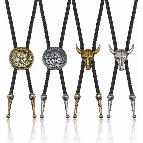 4Pcs 4 Styles Cowboy Bolo Ties Imitation Leather Western Neckties Cow Tie Adjustable Vintage Bola Ties Round Flower Cowgirl Bolo Tie DIY