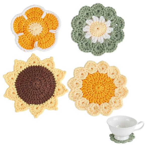 4Pcs 4 Styles Crochet Coasters Handmade Funny Flower Cup Coasters Multi-Colored Cotton Doily for Coffee Table Tabletop Protection Home Decor 5 Inch DIY