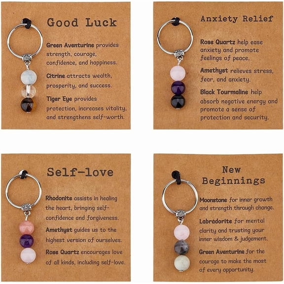 4Pcs 4 Styles Crystals Keychain Gift 5CM Natural Gemstone Keychains New Beginnings Self-Love Good Luck Gift with Paper Card for Women Best Friend Metal Platinum