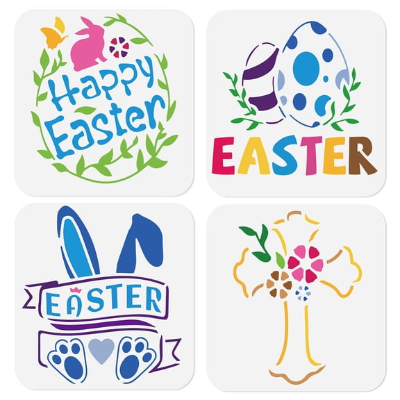 4Pcs 4 Styles Easter Theme PET Hollow Out Drawing Painting Stencils for DIY Scrapbook Photo Album Mixed Shapes 150x150mm 1pc/style
