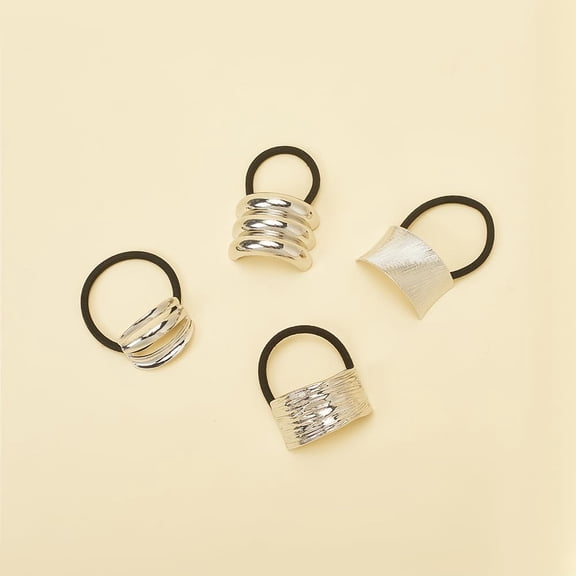 4Pcs 4 Styles Elastic Hair Ties Alloy Ponytail Holder Hair Accessories for Women Mixed Shapes Inner Diameter 43mm Platinum 1set