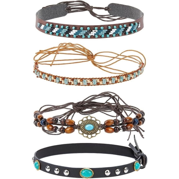 4Pcs 4 Styles Ethnic Style Wax Cord Adjustable Hat Band Bend Brim Fedora Straw Hat Decoration Mixed Color 725~1380x12~37.5x5~12mm 1pc/style